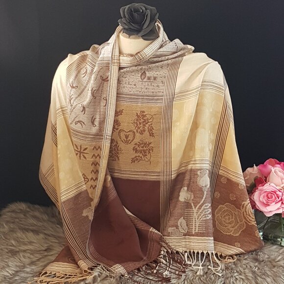 Vintage Brown & Cream Pashmina Shoulder Wrap: Elegant Neutral Evening Shawl - Picture 1 of 7